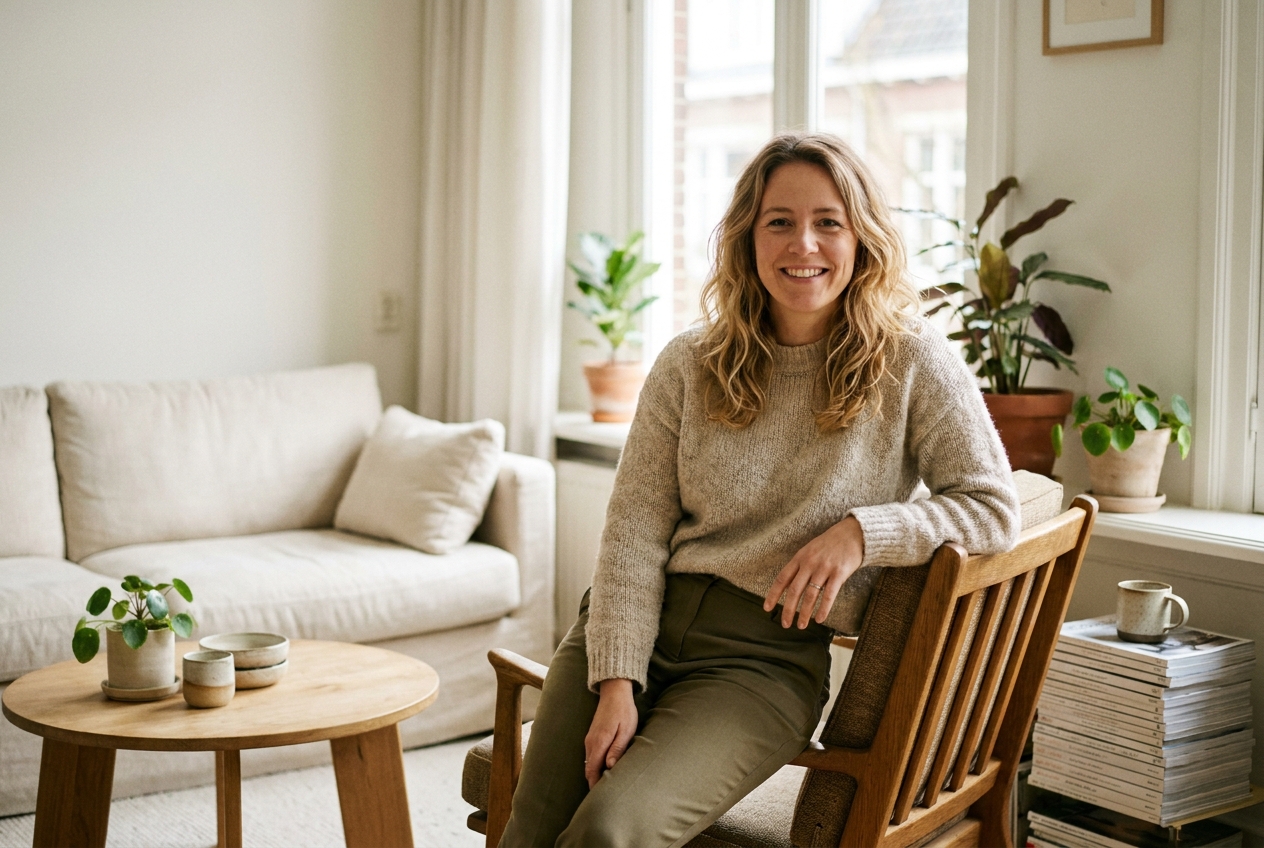 Fenna Molenaar in een warm ingericht interieur
