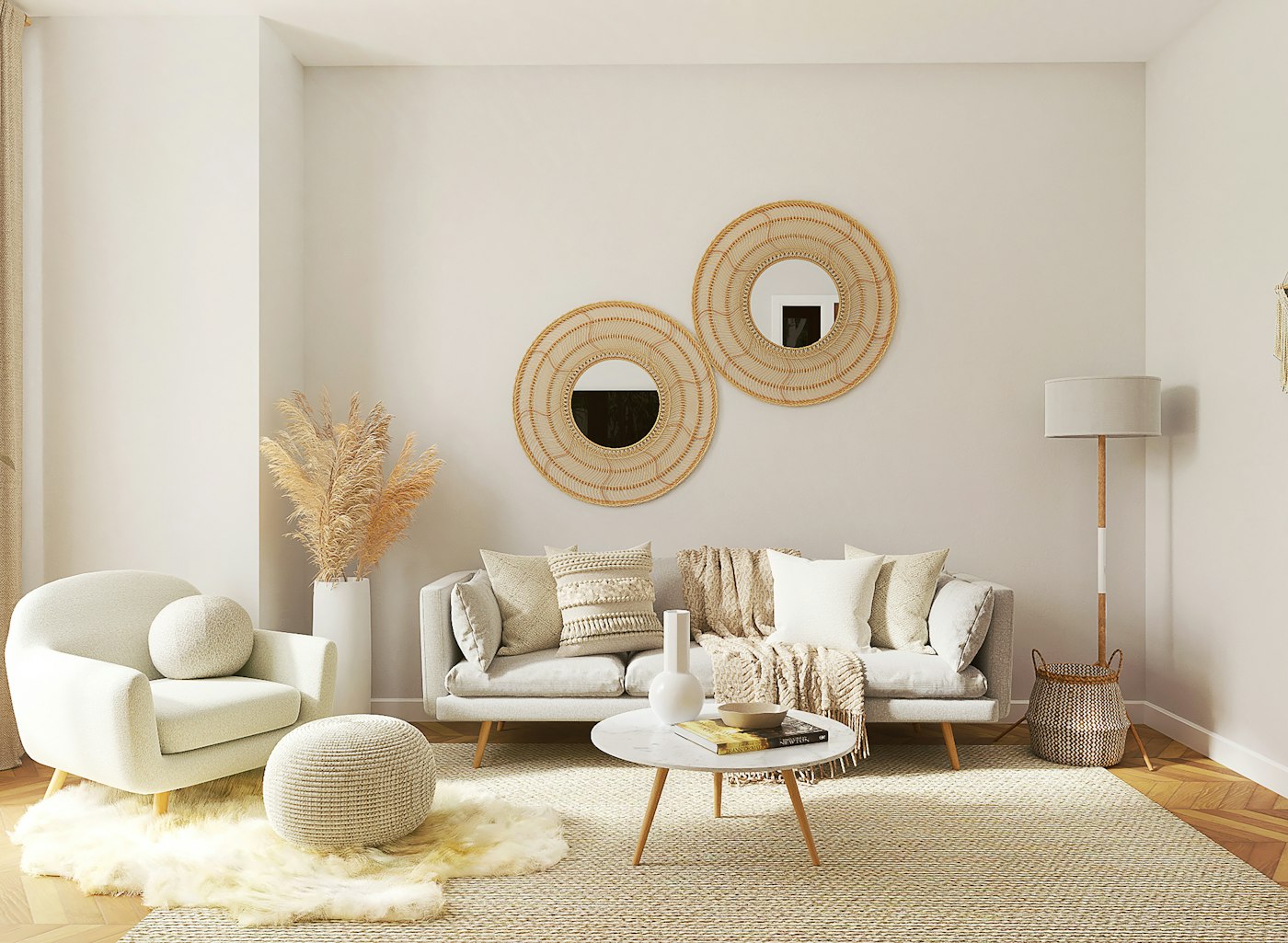 Japandi woonkamer met natuurlijk vloerkleed