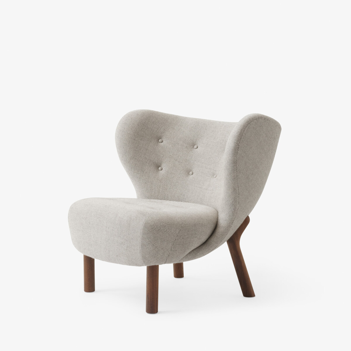 Omhullende fauteuil met houten onderstel en zachte bekleding