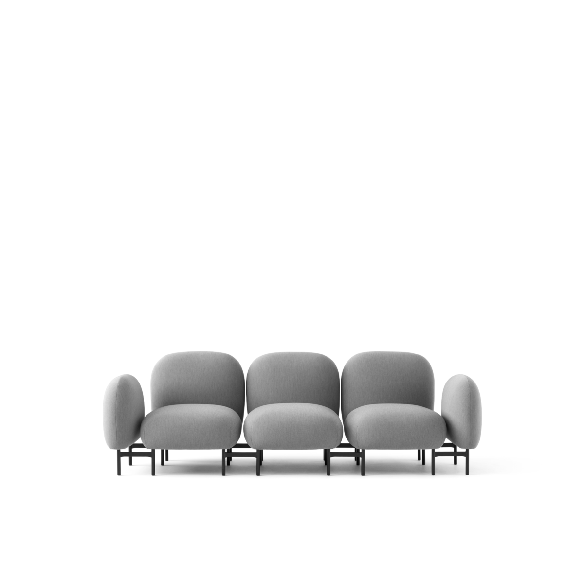 Modulaire bank van ronde kussenvormen op een dun zwart frame